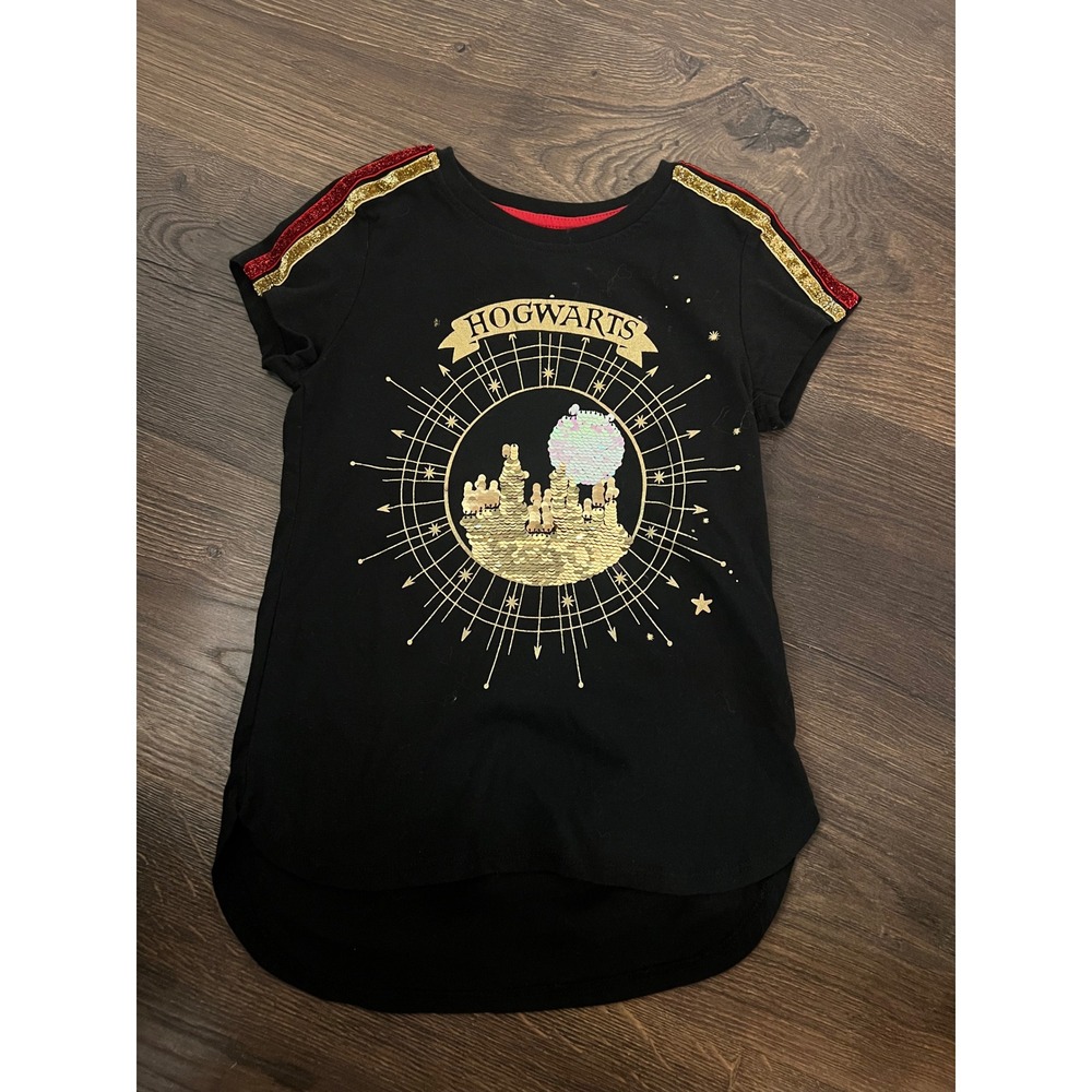 Harry Potter Hogwarts Reversible Sequin Shirt Medium 7-8 Black High Low Tee